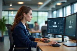 Femme professionnelle accédant à une application métier en ligne sur un poste de travail en open space moderne