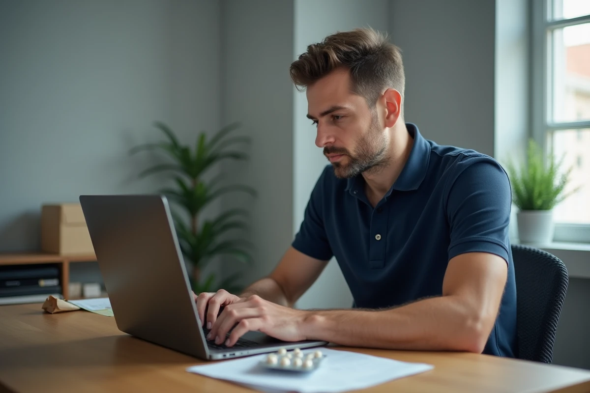 Homme consultant une pharmacie en ligne sur son ordinateur portable avec un colis de médicaments reçu à domicile