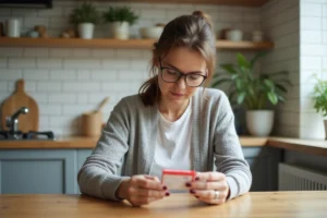 Femme lisant attentivement la notice d'un médicament acheté en ligne, assise dans sa cuisine