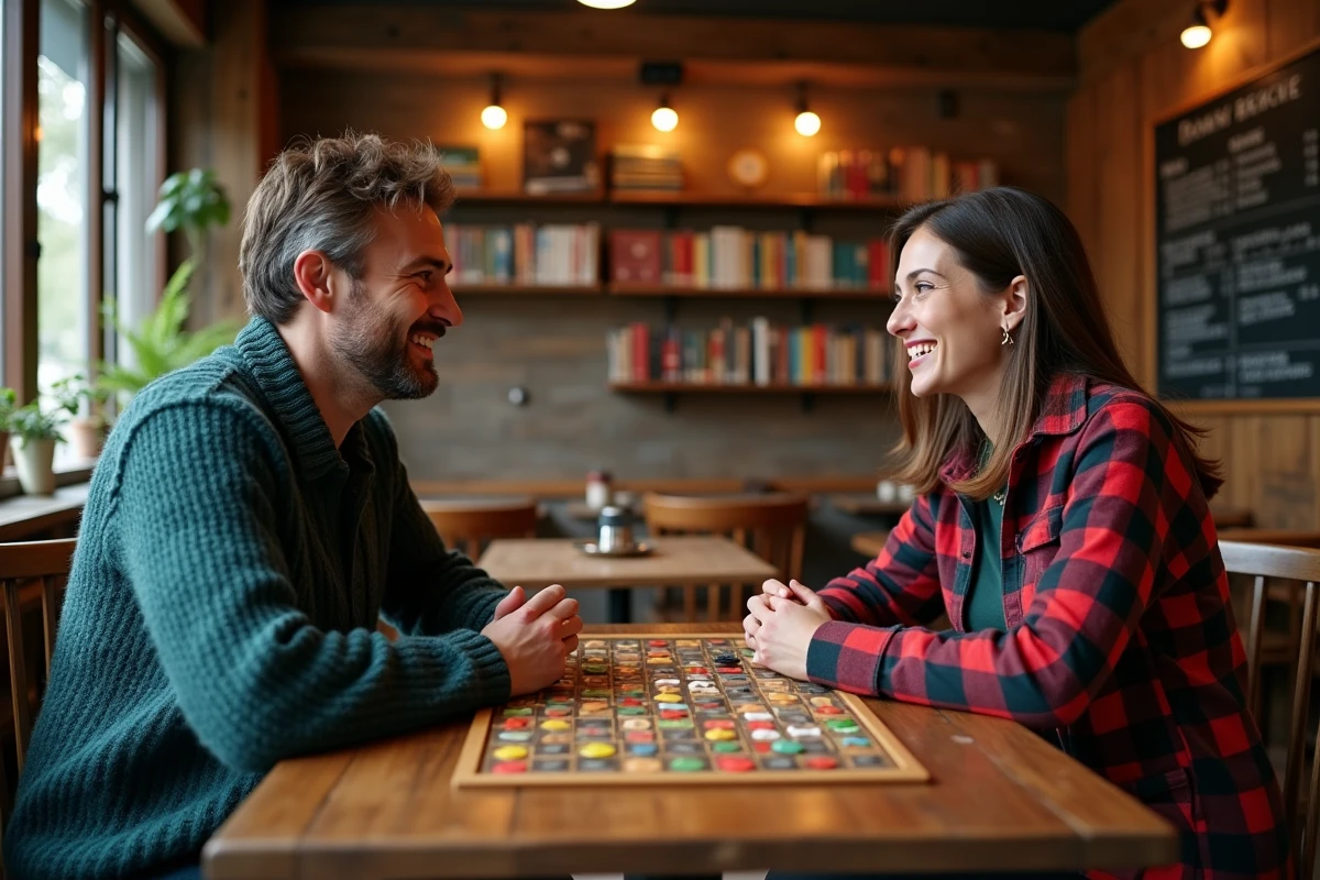 Deux amis jouant à un jeu de société dans un café, idées de loisirs conviviaux en 2024