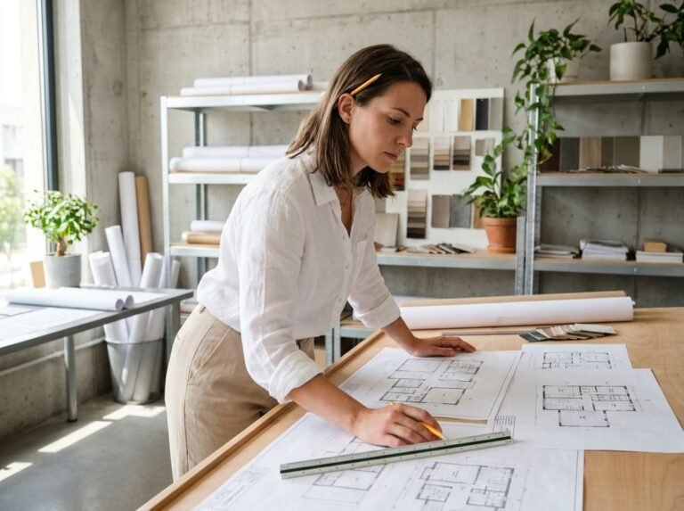 Architecte d'intérieur femme étudiant des plans sur une table en bois dans un studio moderne avec échantillons de matériaux