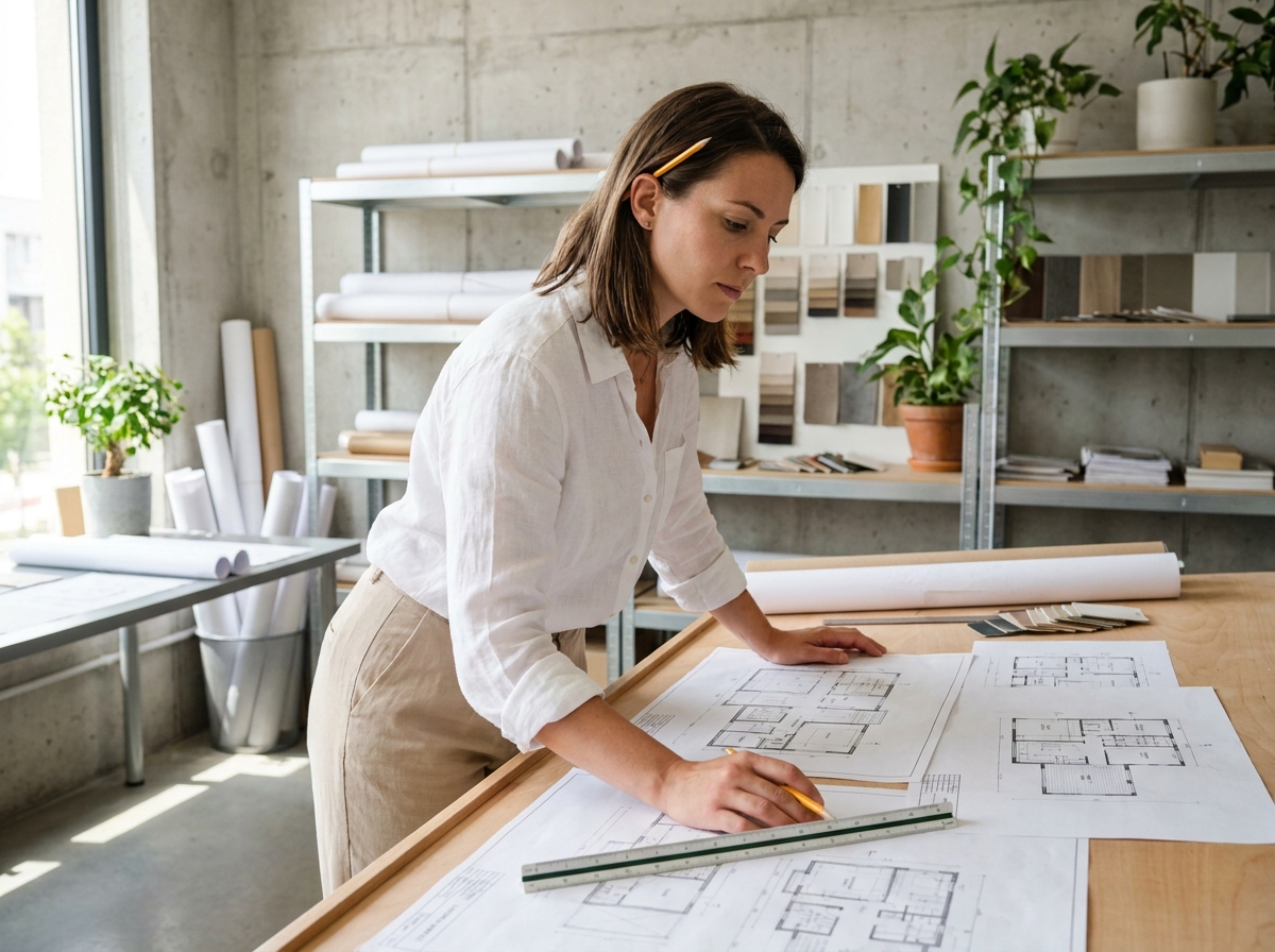 Architecte d'intérieur femme étudiant des plans sur une table en bois dans un studio moderne avec échantillons de matériaux