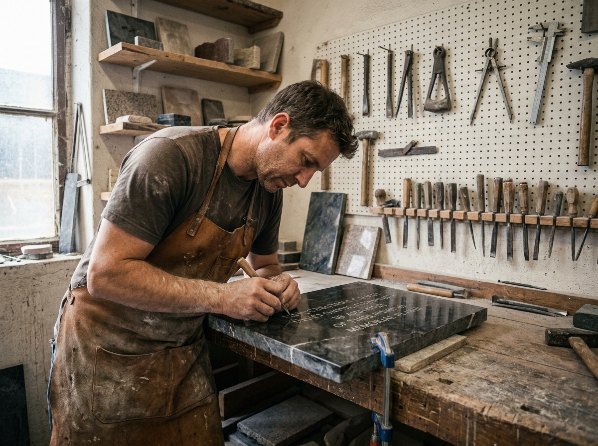 Artisan graveur travaillant sur une plaque funéraire en marbre noir dans son atelier artisanal