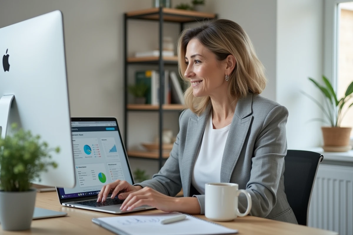 Femme travaillant depuis son bureau à domicile avec un extendeur Wi-Fi mesh et un tableau de bord réseau sur ordinateur portable