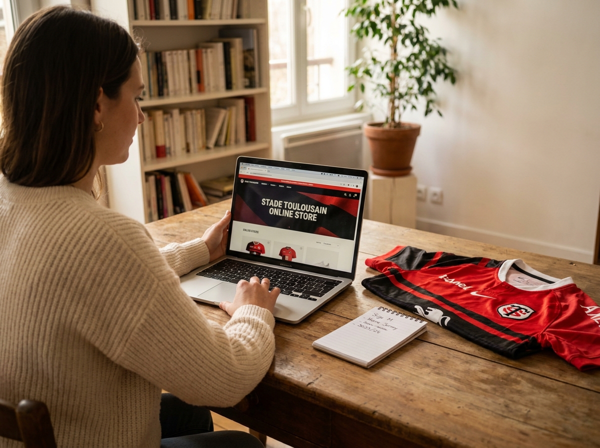 Femme choisissant son maillot du Stade Toulousain en ligne depuis son bureau à domicile avec un maillot déplié à côté