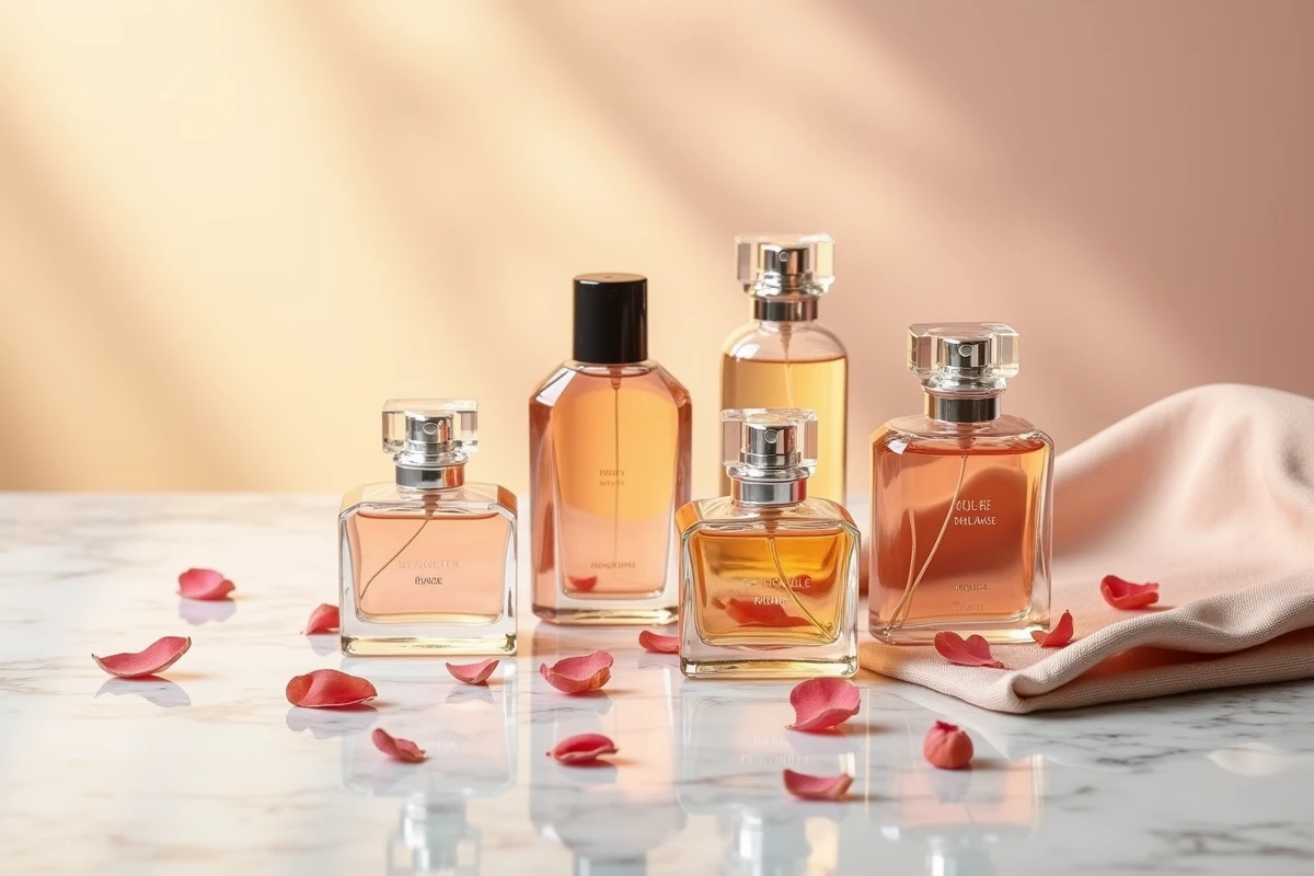 Collection de flacons de parfum de luxe disposés sur marbre blanc pour une parfumerie en ligne haut de gamme