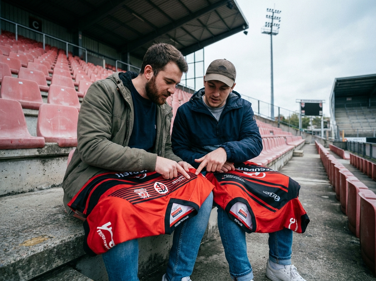 Deux supporters comparant un maillot officiel et un réplica du Stade Toulousain assis dans un stade de rugby