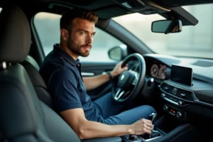 Conducteur tenant le levier de vitesses d'une boîte semi-automatique dans l'habitacle d'une voiture moderne