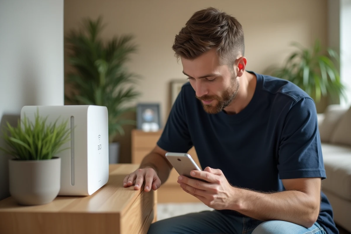 Homme configurant un routeur Wi-Fi moderne dans un salon contemporain, tenant un smartphone affichant les paramètres réseau