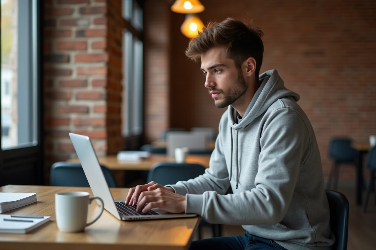 Jeune professionnel accédant à un espace de travail numérique et application métier depuis un coworking moderne en centre-ville de Grenoble