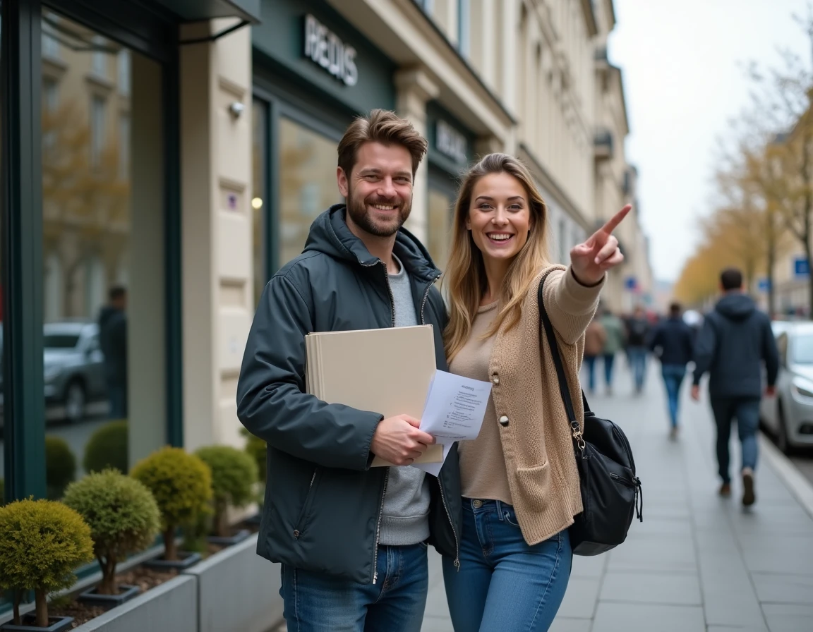Couple tenant des documents administratifs devant une agence de logement social pour déclarer leur changement d'adresse