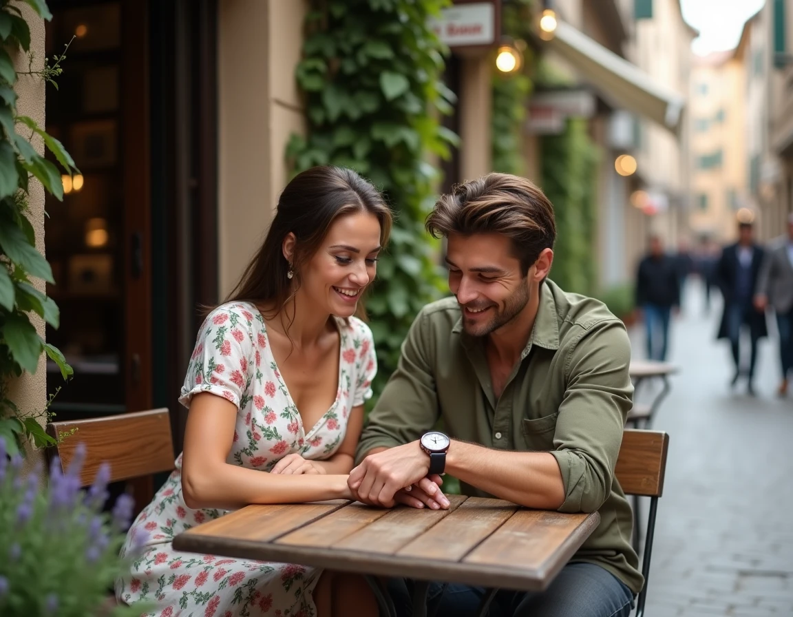 Couple regardant une montre affichant 15h05 en terrasse de café, symbolisant la connexion amoureuse et les signes du destin