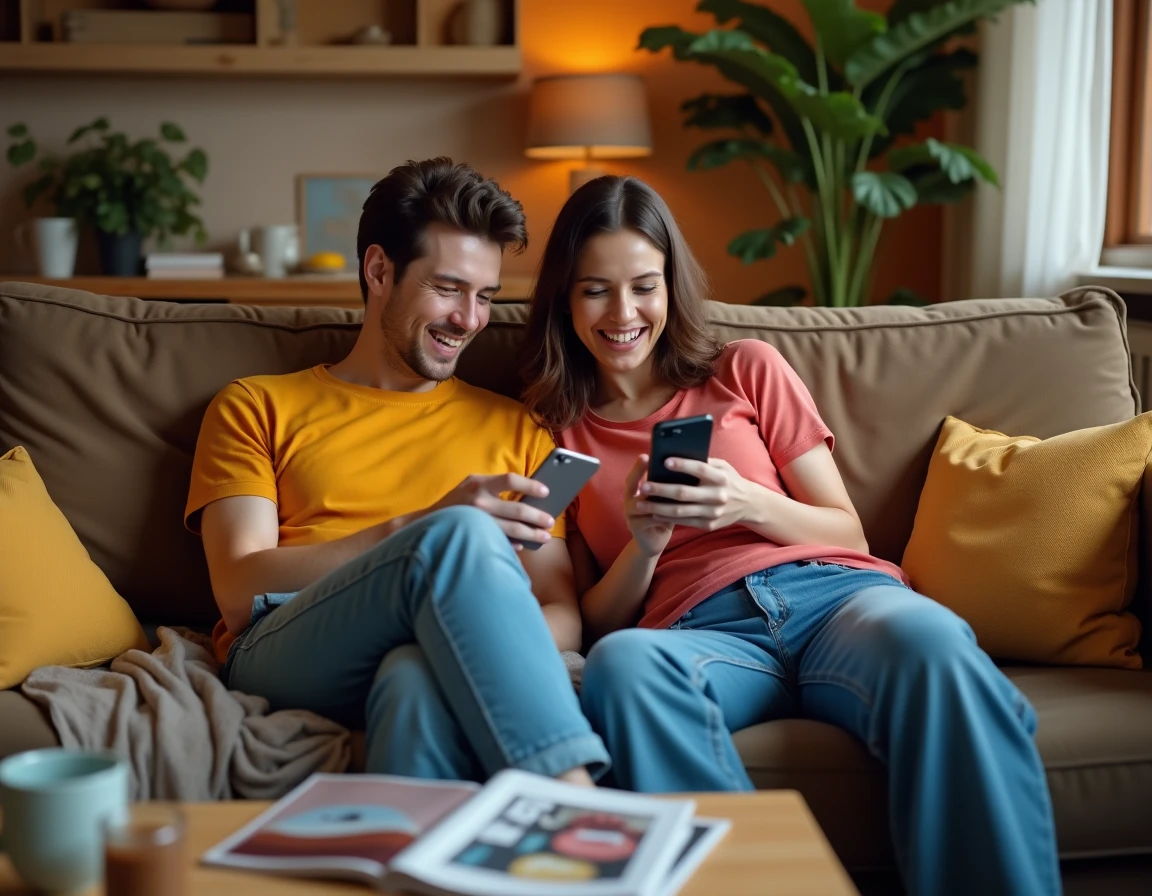 Couple découvrant ensemble les nouveautés et échantillons gratuits sur smartphone dans un salon chaleureux