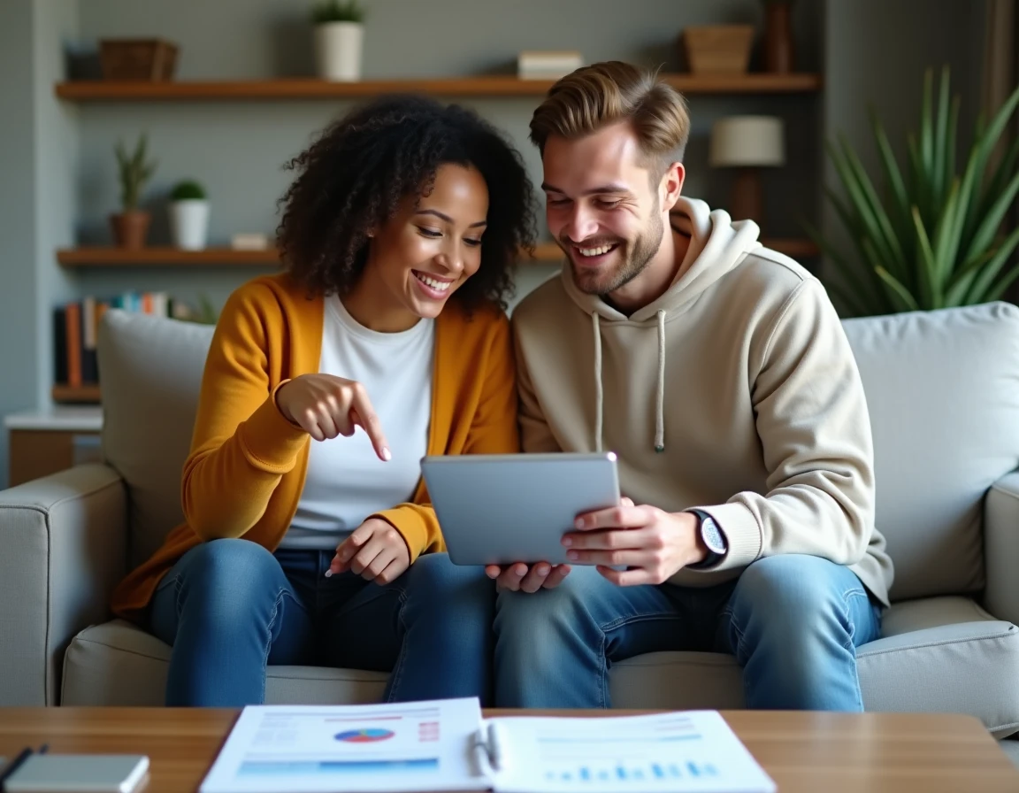 Jeune couple discutant de leurs objectifs d'épargne et de leurs finances personnelles sur un canapé dans un appartement moderne