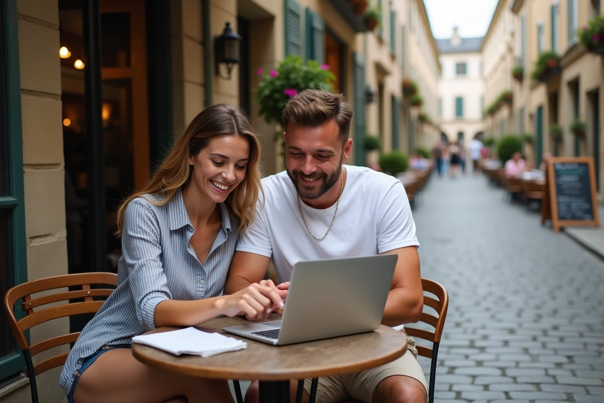 Couple planifiant un voyage en France avec ViaMichelin sur ordinateur portable en terrasse de café