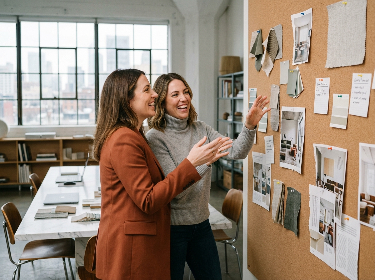 Deux designers d'intérieur collaborant devant un moodboard dans un bureau d'agence de décoration contemporaine