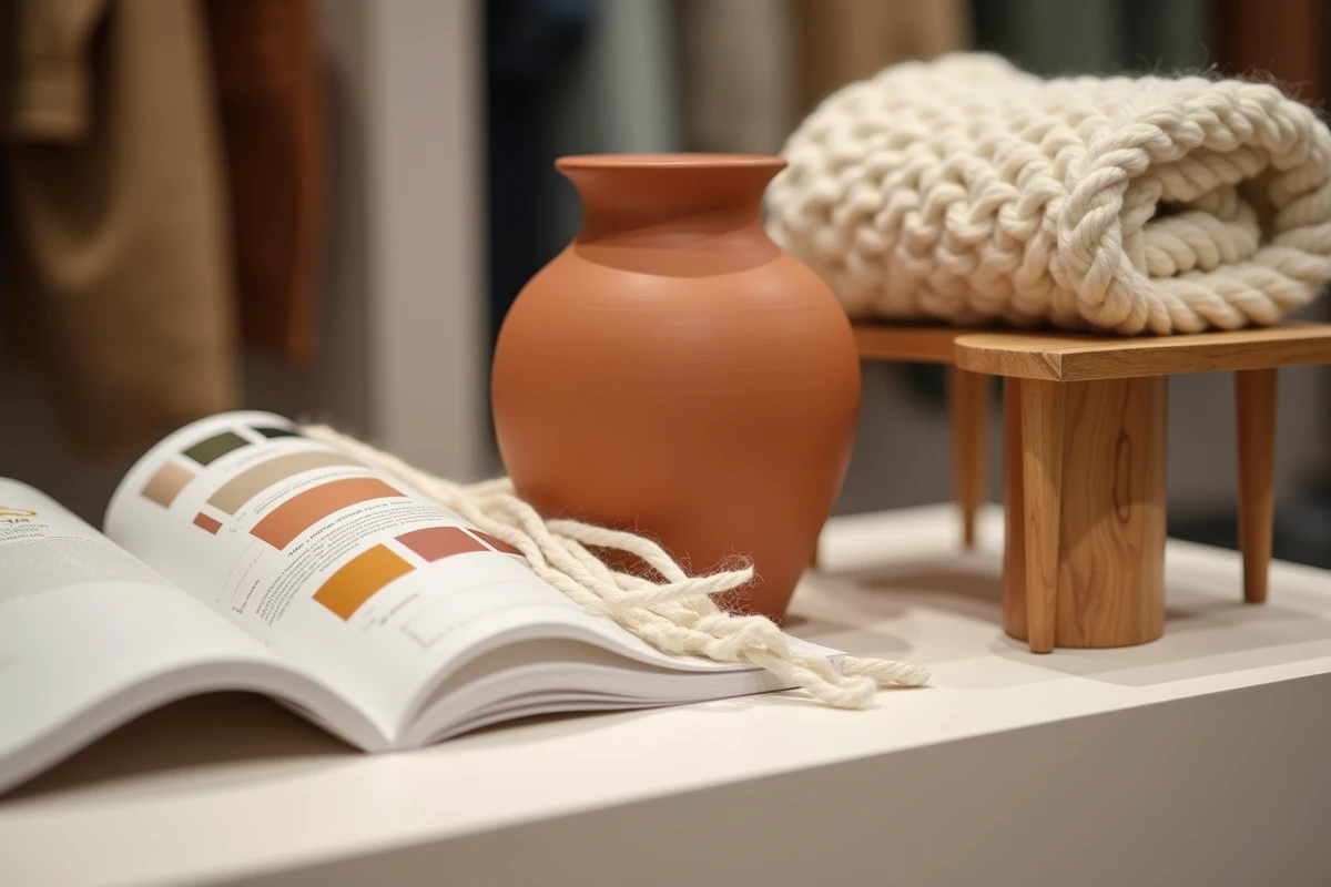 Détail d'un vignette de tendances au salon habitat avec vase en céramique terracotta, plaid en laine et table en chêne