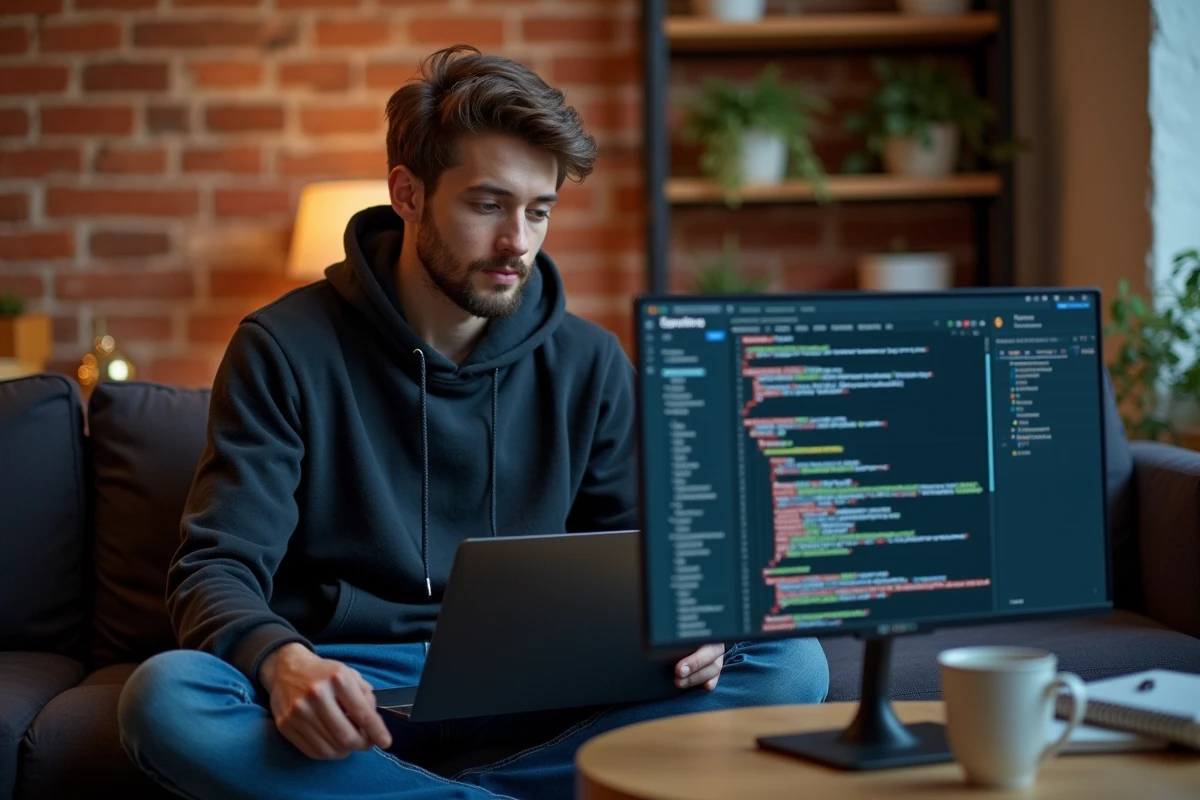 Développeur freelance optimisant le code SEO d'un site web depuis son espace de travail à domicile avec outils d'audit