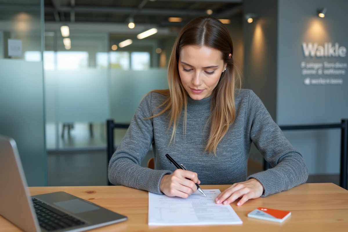 Femme remplissant un formulaire d'enregistrement de véhicule dans un bureau administratif néerlandais avec vignette et carte grise visibles