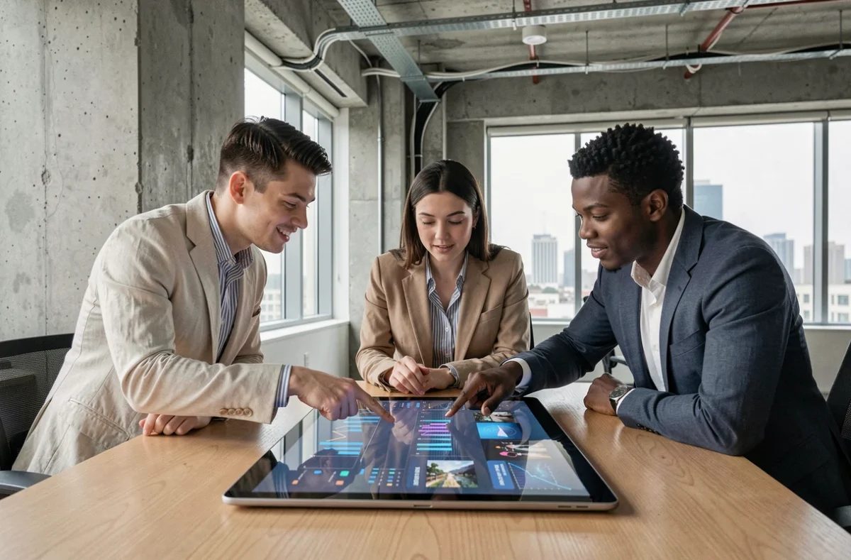 Équipe de jeunes professionnels analysant des tendances numériques sur une tablette en open space