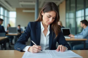 Professionnelle en blazer marine évaluant une liste de critères qualité dans un bureau moderne