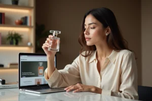 Femme examinant un flacon de parfum de luxe devant un ordinateur portable affichant un site de parfumerie en ligne