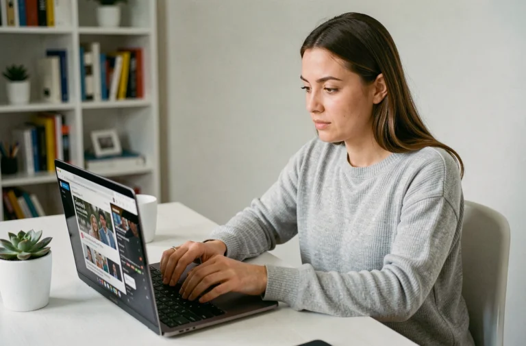 Femme consultant les dernières tendances numériques sur un ordinateur portable dans un bureau minimaliste