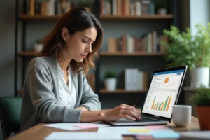 Femme analyste SEO travaillant sur un tableau de bord de référencement naturel avec des données de trafic et de mots-clés sur un ordinateur portable