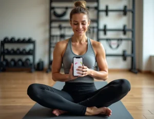 Femme consultant une application fitness sur smartphone dans une salle de sport à domicile moderne