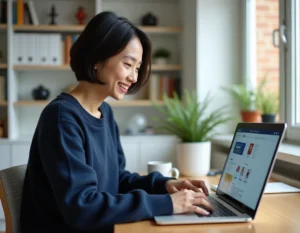 Femme parcourant les nouveautés et bons plans sur un site de promotions en ligne depuis son bureau à domicile