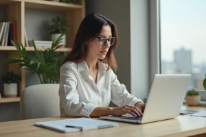 Femme d'âge moyen travaillant sur un ordinateur dans un bureau moderne