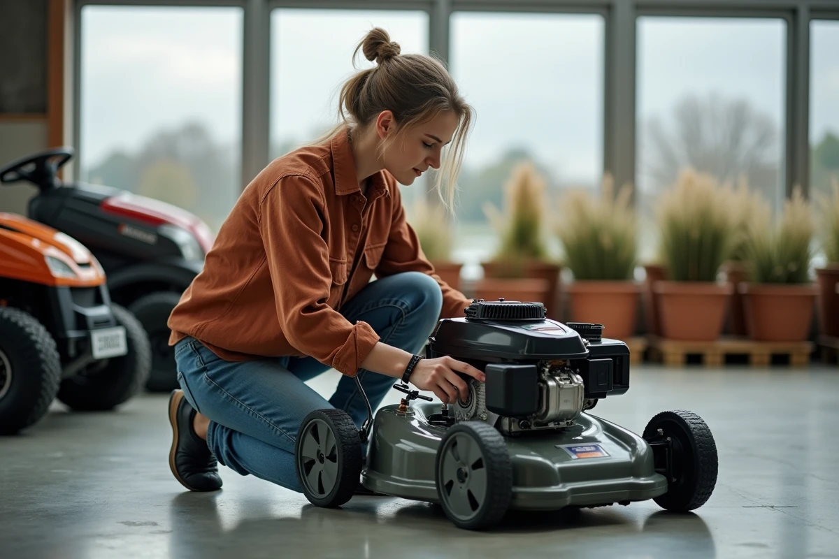 Femme examinant attentivement une tondeuse thermique autopropulsée dans un magasin de jardinage