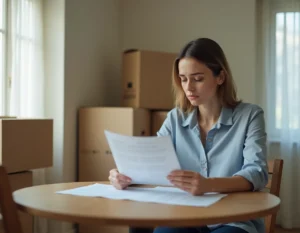 Femme consultant des documents d'aide au logement entourée de cartons de déménagement dans un appartement en transition