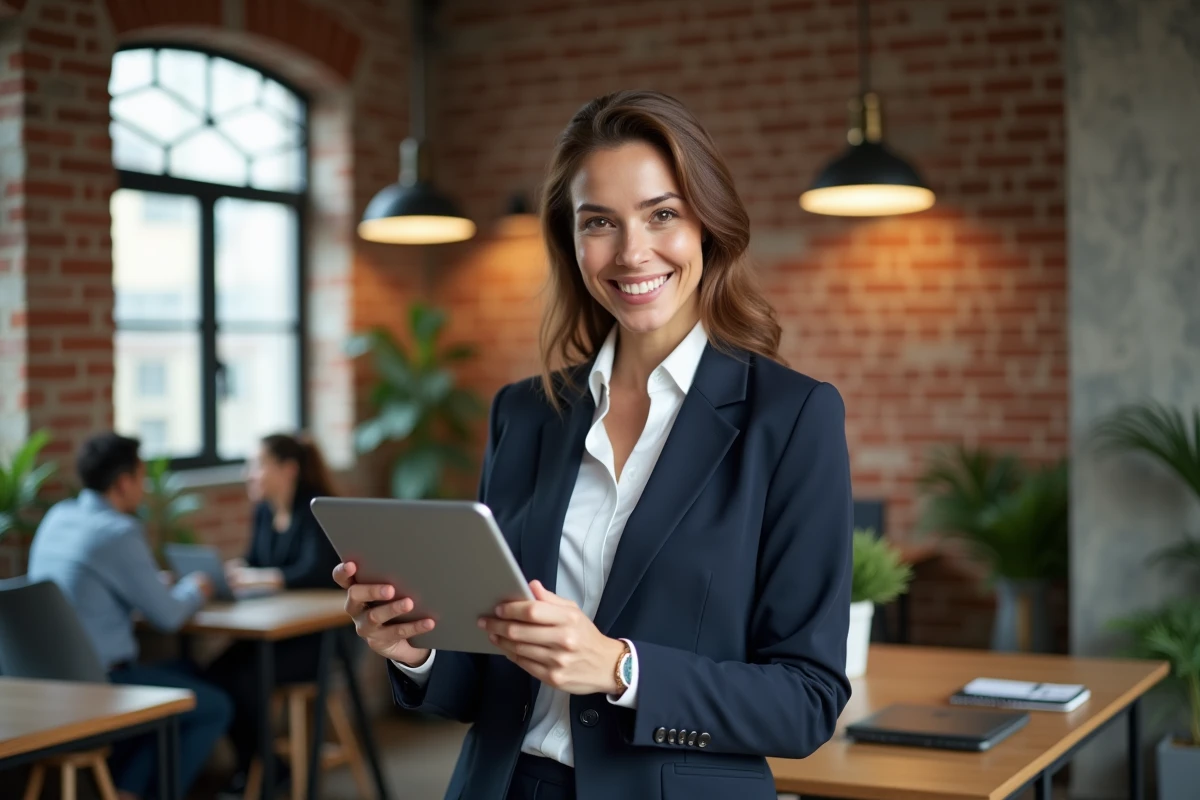 Femme entrepreneure en blazer marine consultant une tablette dans un espace de coworking moderne en 2024