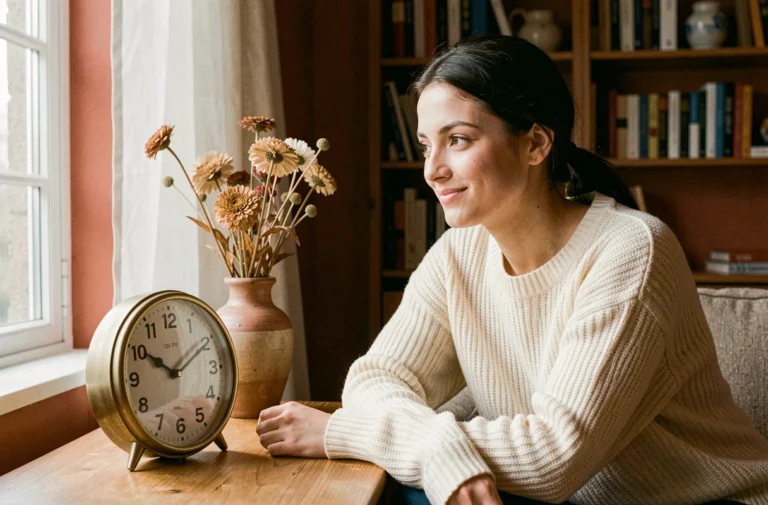 Jeune femme contemplative regardant une horloge affichant 15h05, ambiance spirituelle et introspective dans un salon cosy