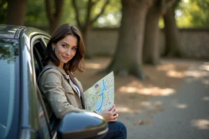 Femme consultant un itinéraire ViaMichelin imprimé depuis une voiture garée en bord de route en France