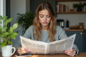 Jeune femme lisant un journal dans un appartement lumineux
