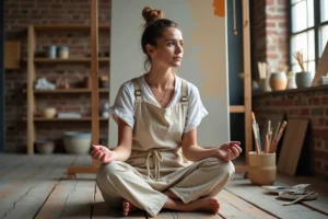 Femme en train de peindre dans un atelier artistique, loisirs créatifs en 2024