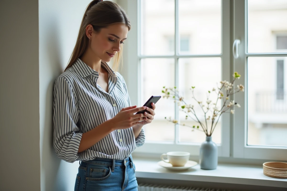 Jeune femme utilisant un smartphone pour rechercher l'adresse d'une personne à partir de son nom dans un appartement