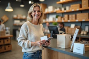 Femme souriante avec carte cadeau Illicado dans un magasin