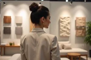 Femme admirant un stand de décoration intérieure au Salon Tendances Habitat avec mobilier en bois naturel et matières texturées