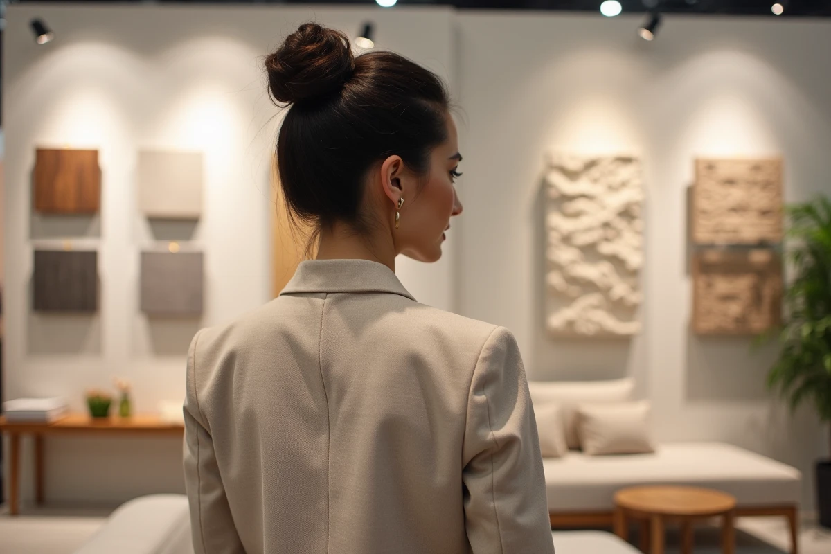 Femme admirant un stand de décoration intérieure au Salon Tendances Habitat avec mobilier en bois naturel et matières texturées