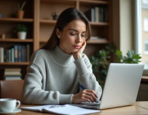 Femme concentrée gérant son budget personnel sur un ordinateur portable dans un bureau à domicile chaleureux
