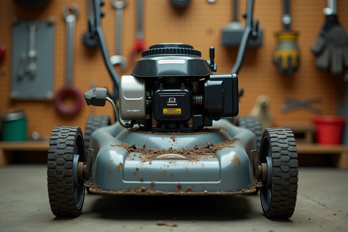 Gros plan sur le moteur thermique d'une tondeuse à gazon posée sur un sol en béton dans un atelier de jardin