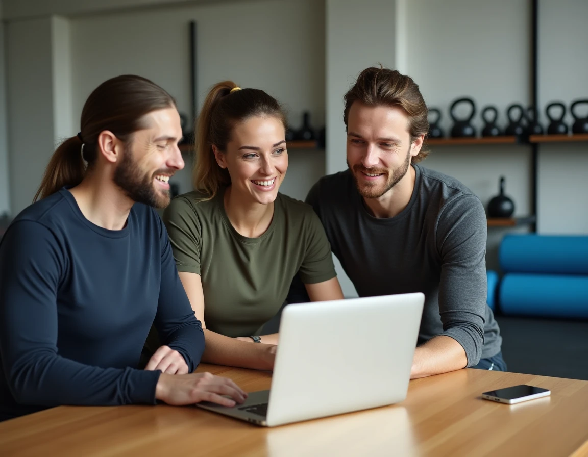 Groupe d'adultes consultant des ressources fitness en ligne dans un studio de sport communautaire