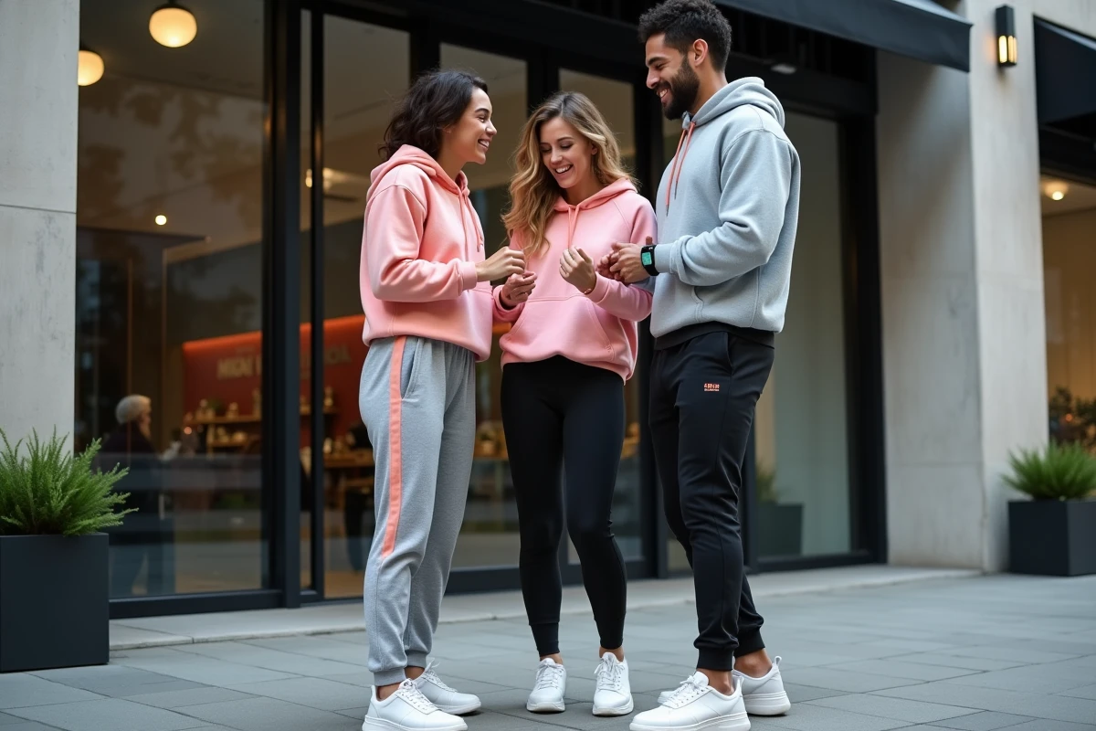 Groupe d'amis en tenue athleisure tendance devant un studio de fitness urbain après l'entraînement