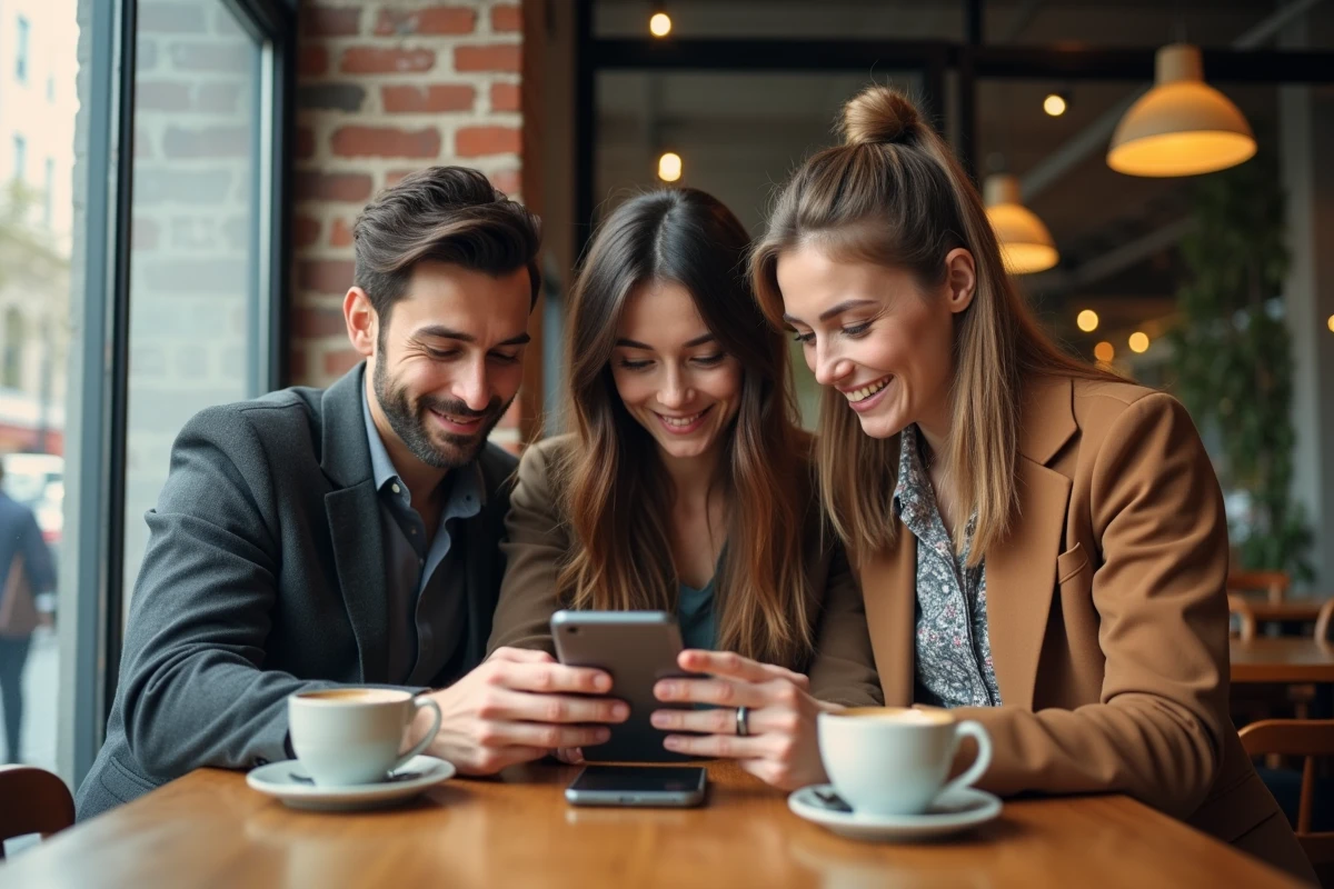 Groupe de jeunes professionnels lisant les dernières tendances et actualités sur un smartphone dans un café urbain