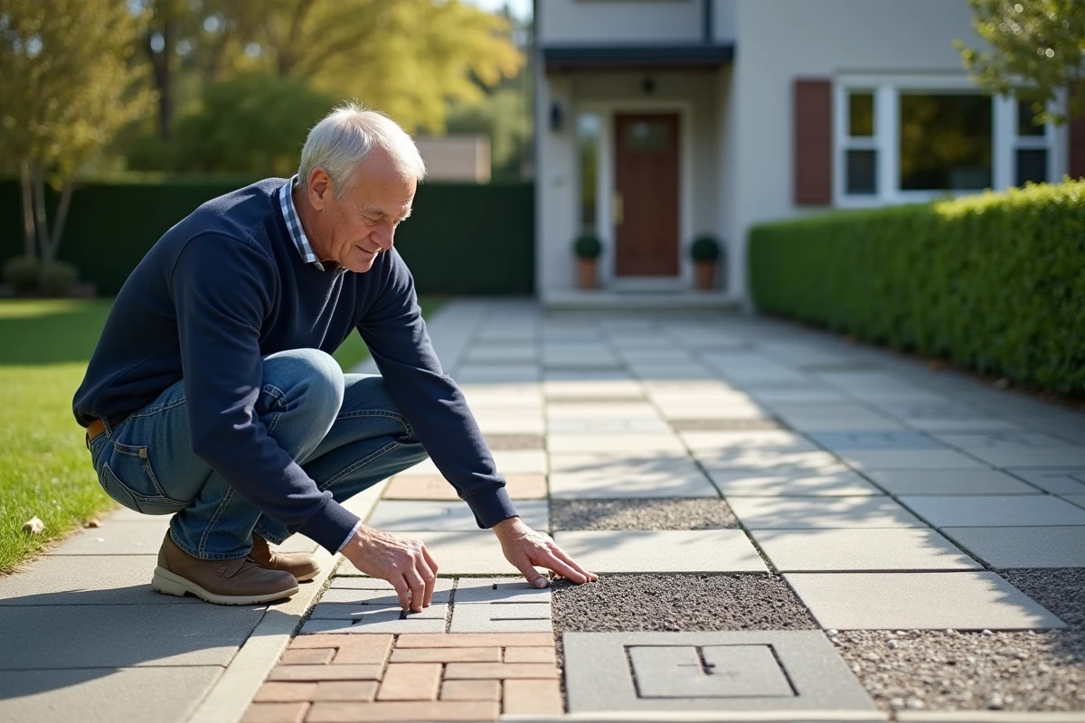 Homme moyenâgeux compare textures de pavage extérieur