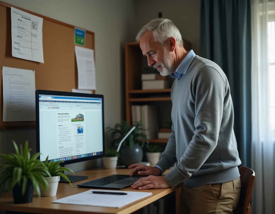 Homme effectuant une démarche en ligne pour maintenir ses aides au logement lors d'un déménagement depuis son bureau à domicile