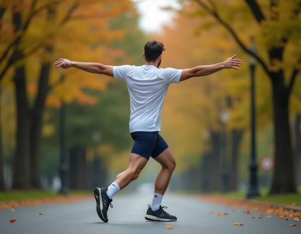 Homme s'étirant avant un entraînement de course à pied sur un chemin urbain en automne